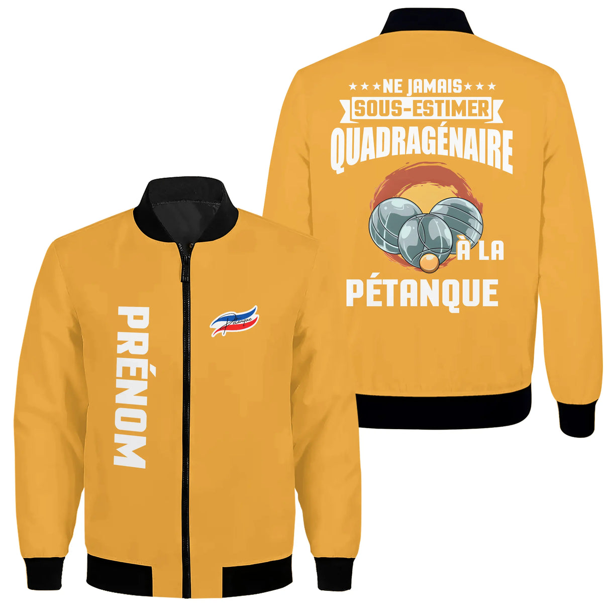 Veste pétanque bomber bleu marine vue manche prénom personnalisé logo association sport
