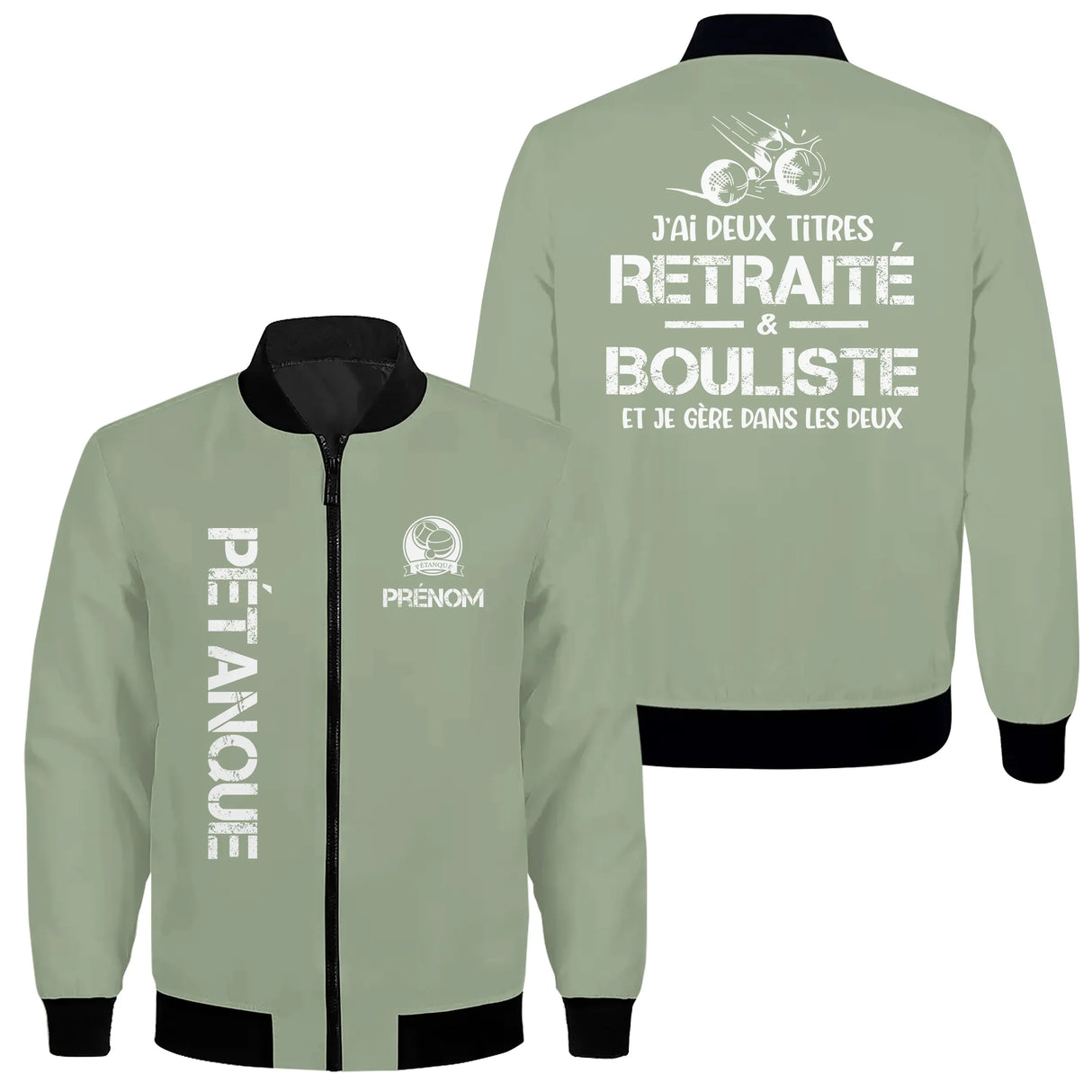 Veste bomber pétanque variante avec inscription PÉTANQUE et boules, prénom personnalisé