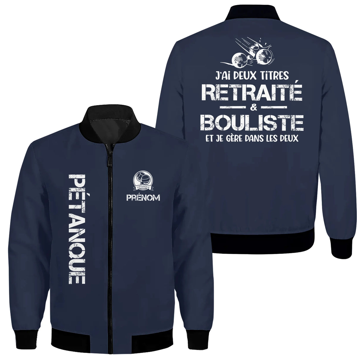 Veste bomber pétanque variante avec slogan retraité bouliste humour, prénom personnalisé