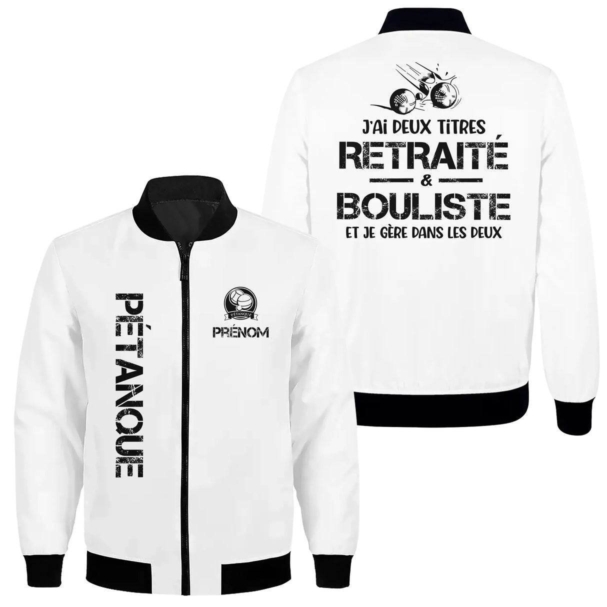 Veste bomber pétanque variante avec écusson PRÉNOM vertical, prénom personnalisé