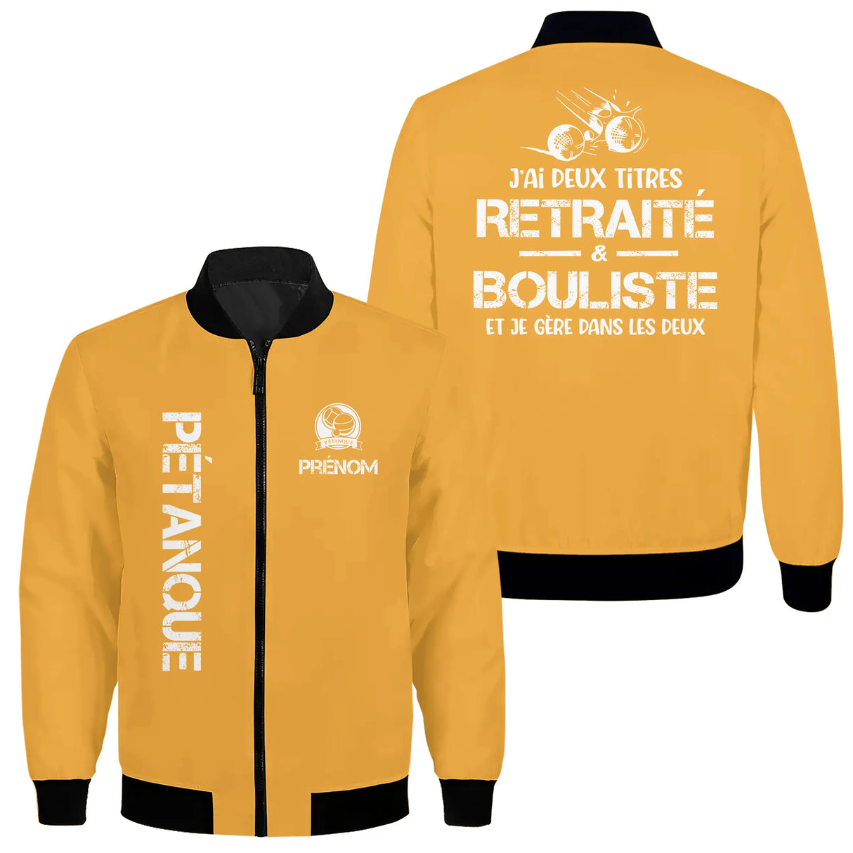 Veste bomber pétanque variante avec inscription deux titres, prénom personnalisé