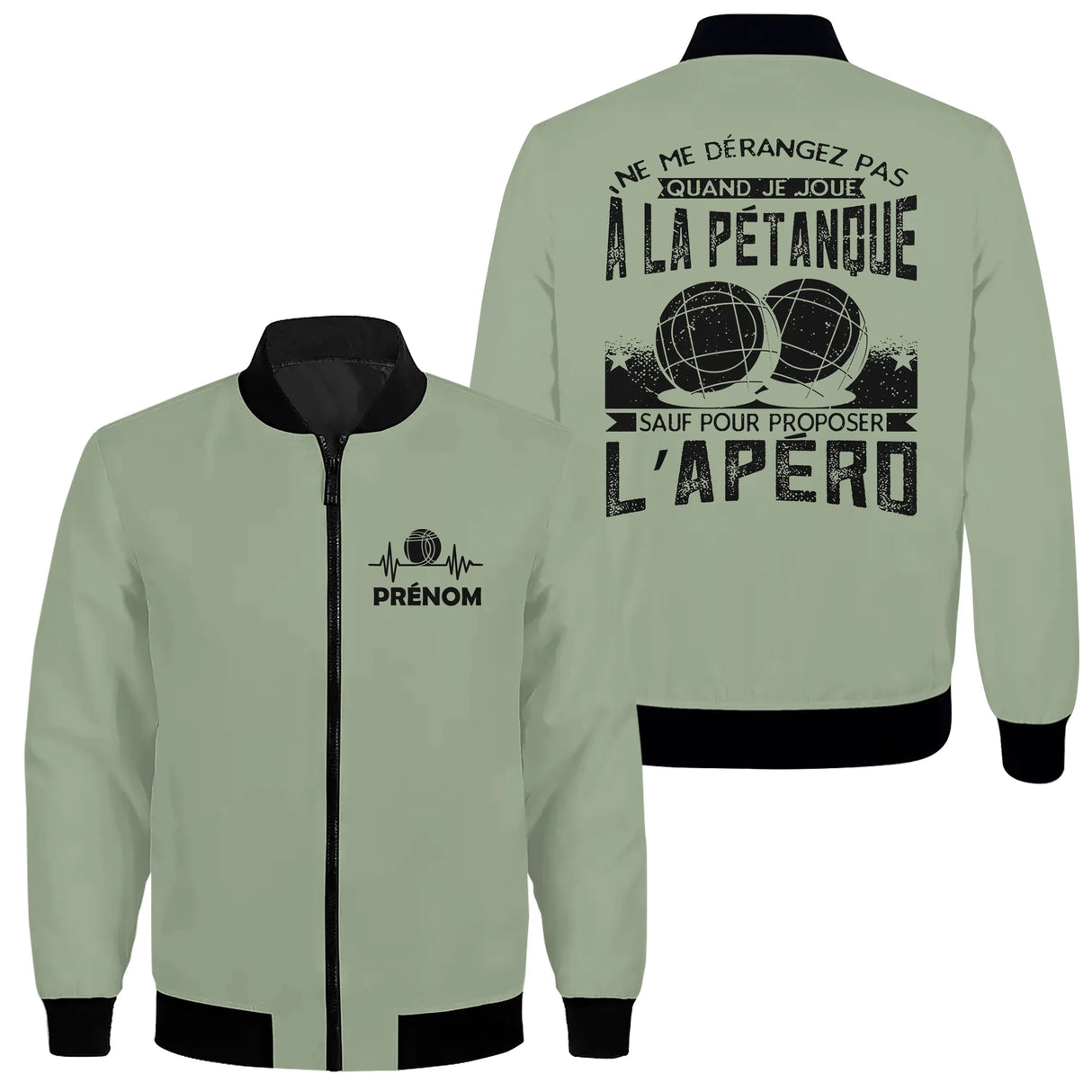 Veste bomber pétanque variante noire avec inscription humour pétanque et boules, prénom personnalisé