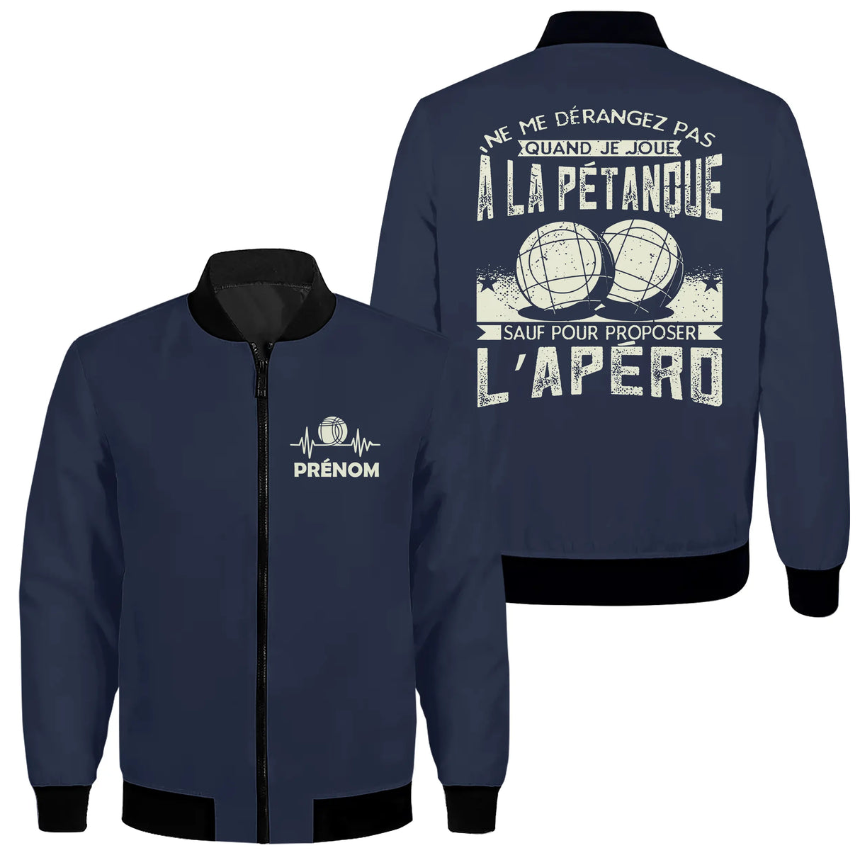 Veste bomber pétanque noire variante avec slogan apéro et battement de cœur, prénom personnalisé