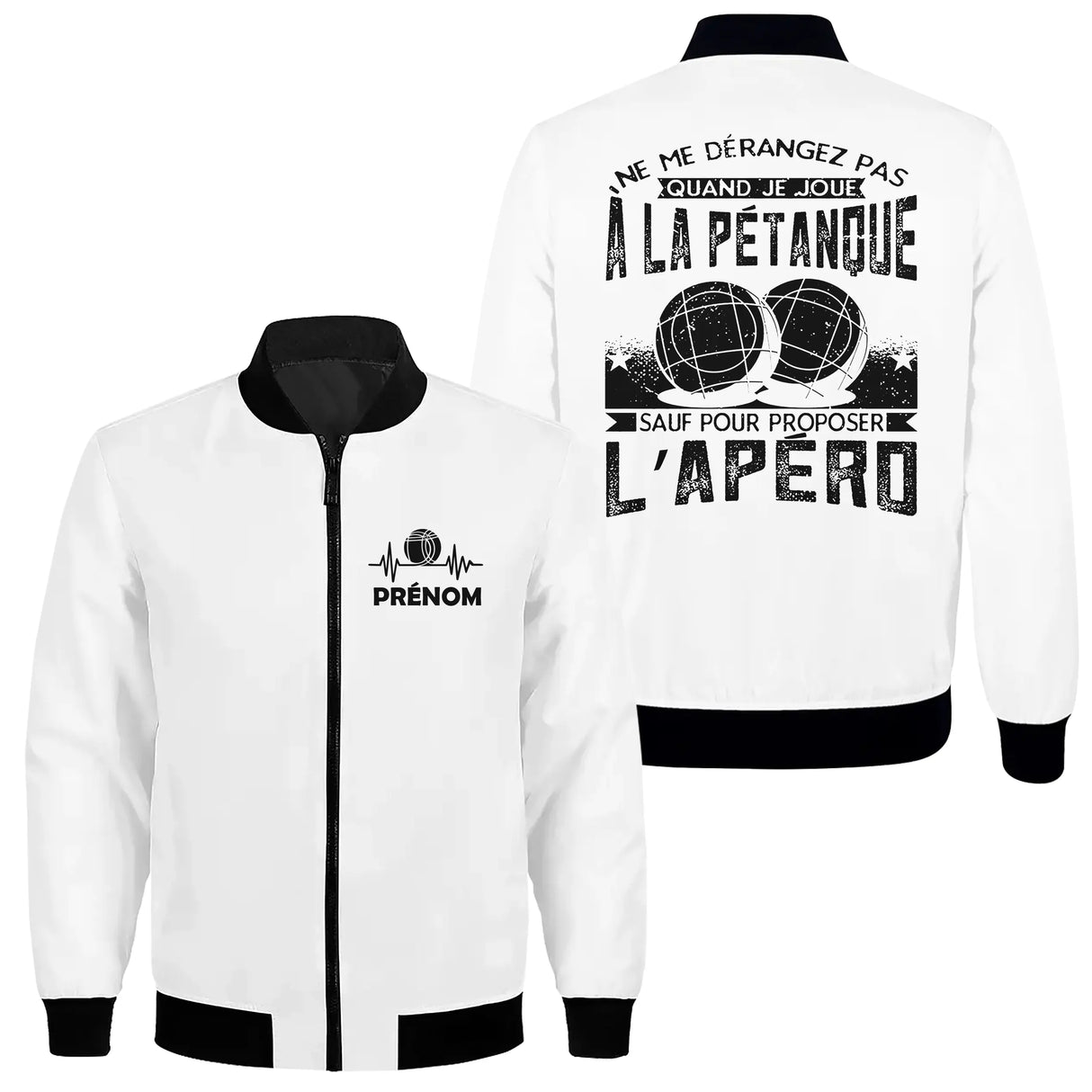 Veste bomber pétanque noire variante avec slogan dérangez pas pétanque, prénom personnalisé