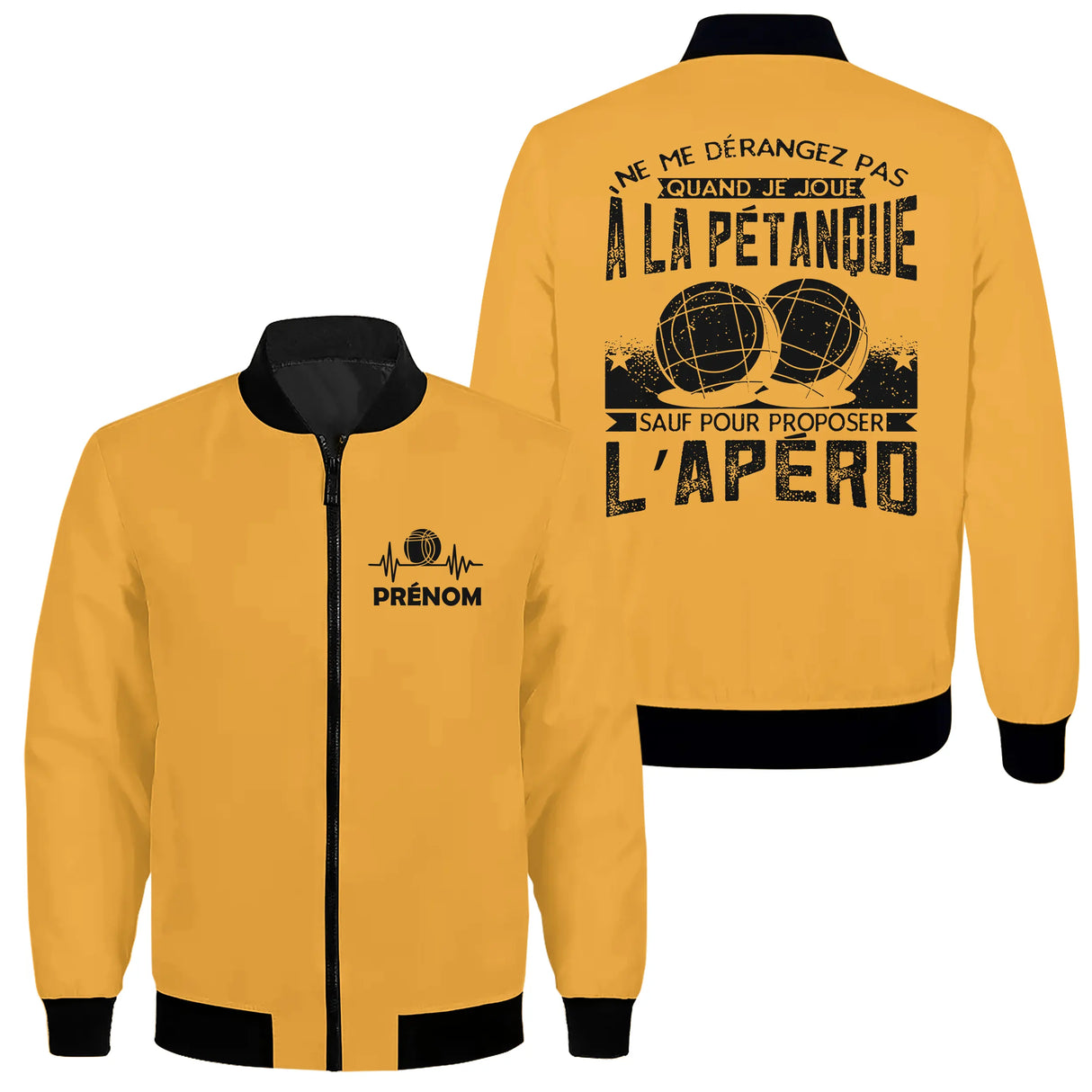 Veste bomber pétanque noire variante avec slogan apéro et boules de pétanque, prénom personnalisé