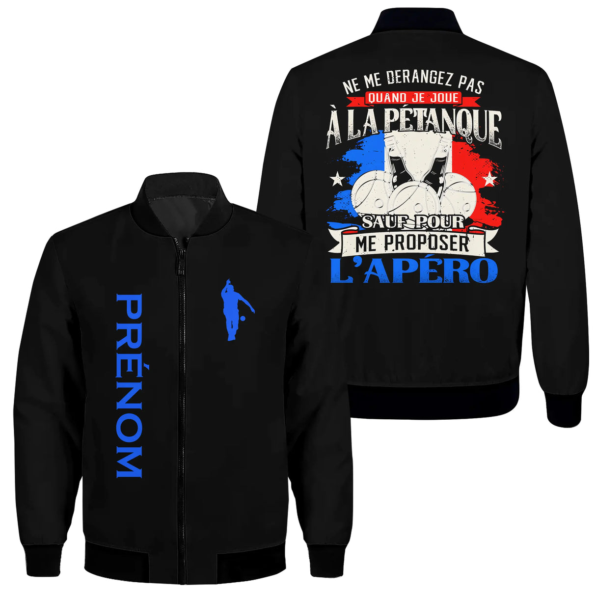 Veste bomber pétanque blanche variante avec inscription apéro tricolore, prénom personnalisé