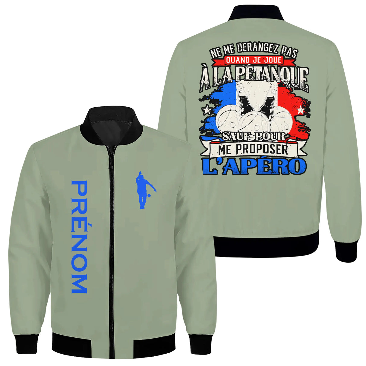 Veste bomber pétanque blanche variante avec slogan dérangez pas apéro, prénom personnalisé