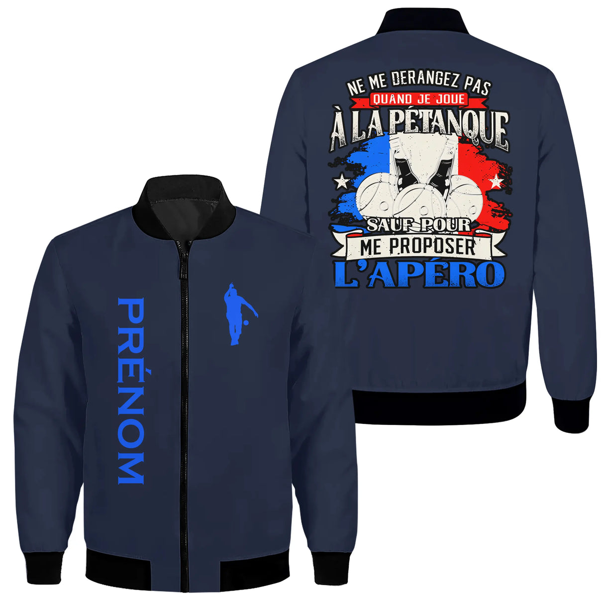 Veste bomber pétanque blanche variante avec écusson PRÉNOM et drapeau France, prénom personnalisé
