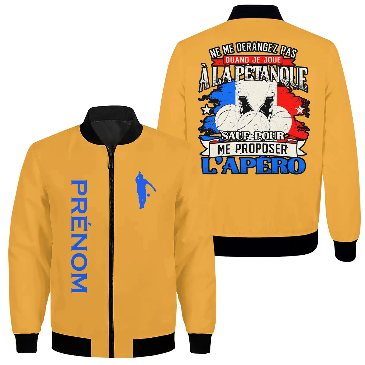 Veste bomber pétanque blanche variante avec slogan humour apéro pétanque, prénom personnalisé