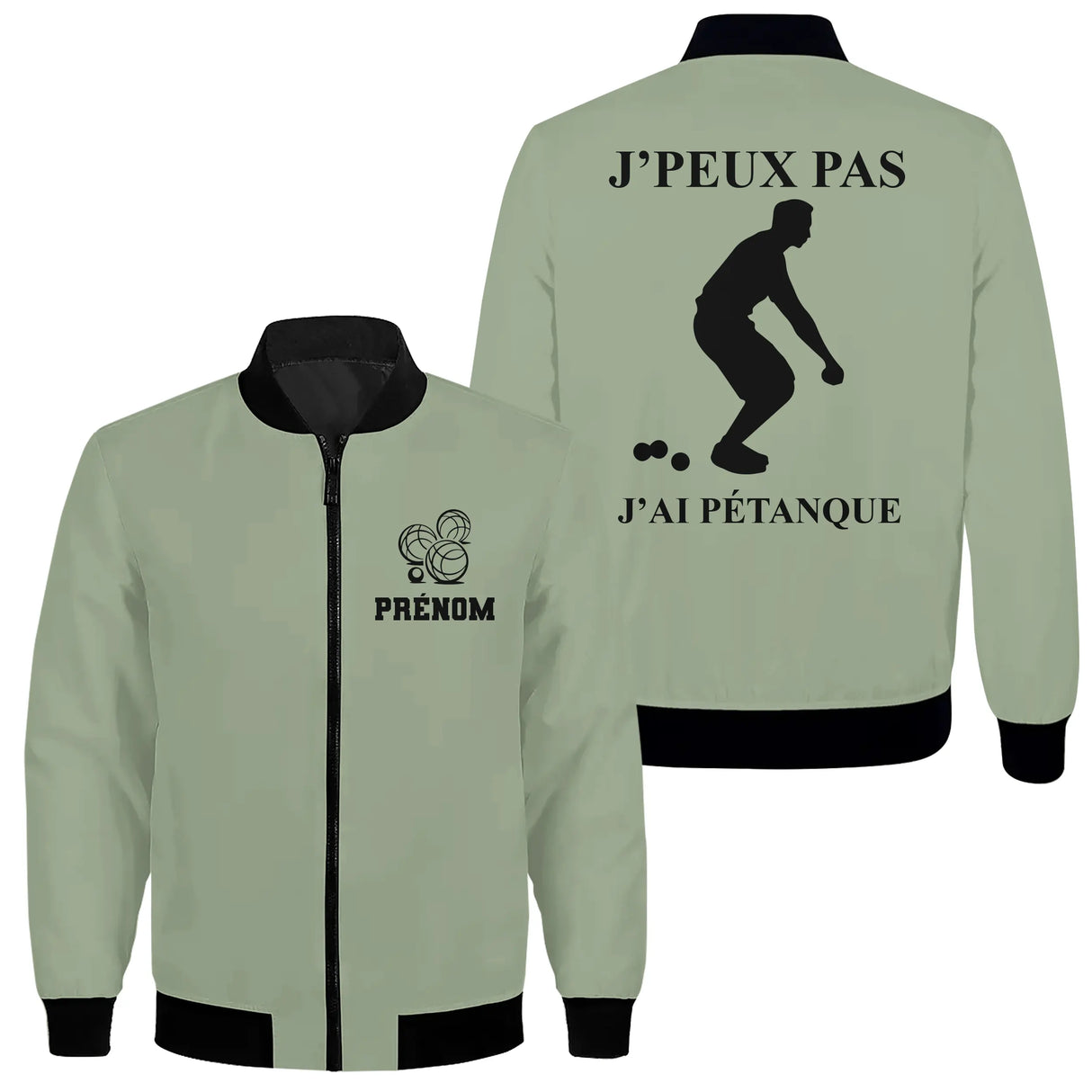 Veste bomber pétanque variante avec slogan J'ai pétanque et bouliste, prénom personnalisé