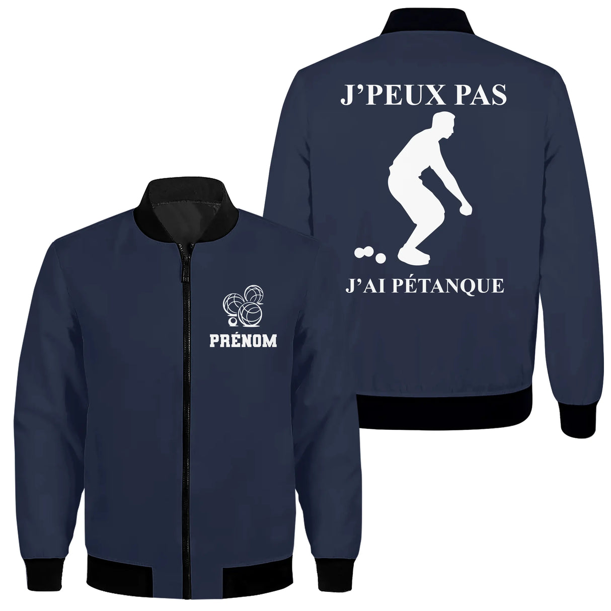Veste bomber pétanque variante avec écusson PRÉNOM et boules, prénom personnalisé