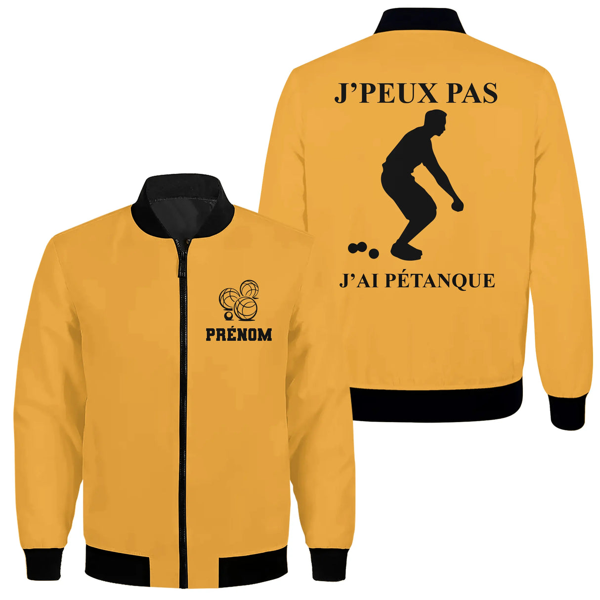 Veste bomber pétanque variante avec silhouette joueur de pétanque, prénom personnalisé