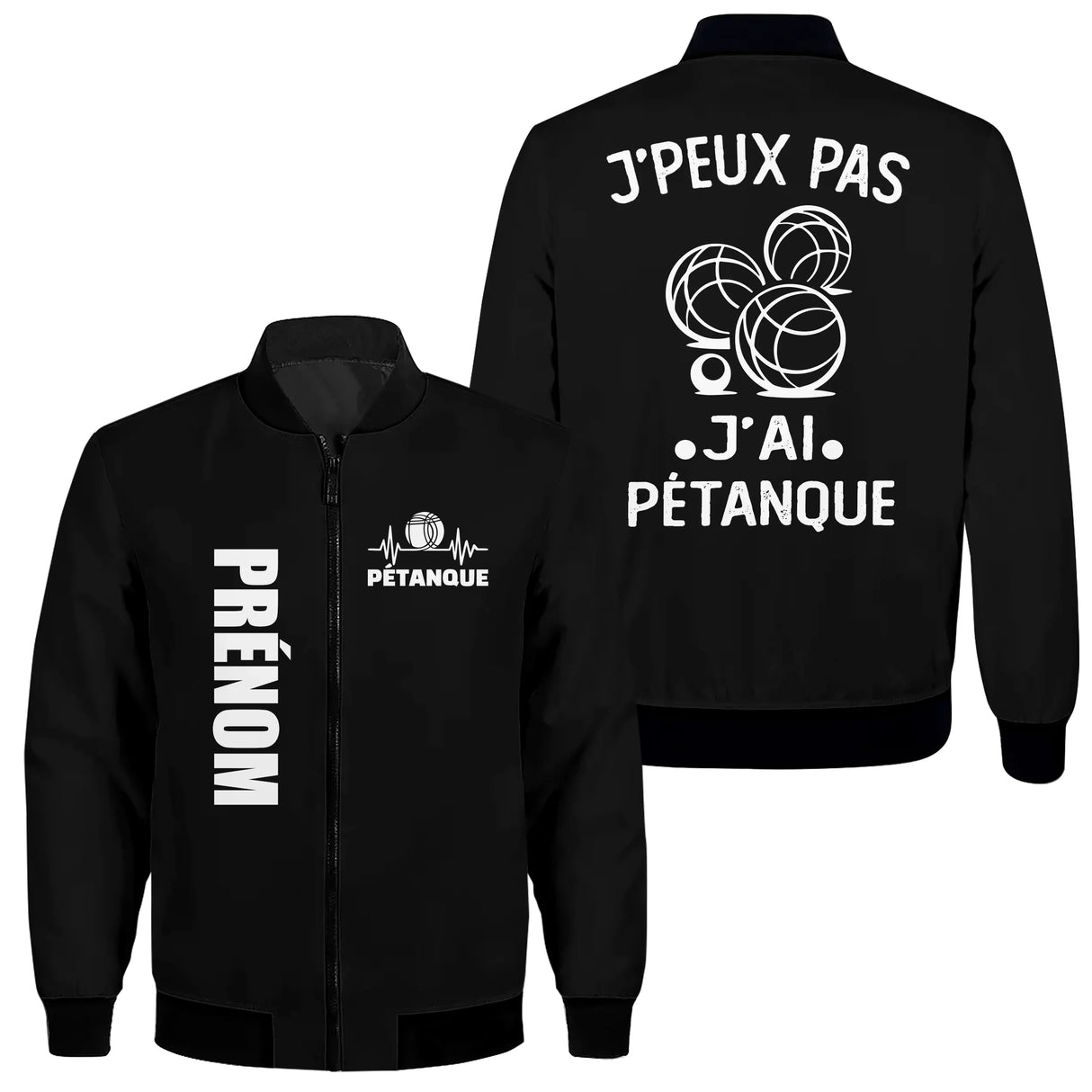 Veste bomber pétanque noire homme avec slogan J'peux pas j'ai pétanque et quatre boules, prénom et logo torse personnalisés