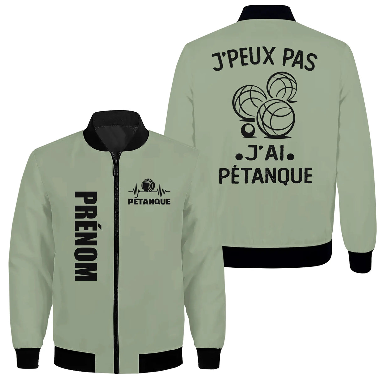 Veste bomber pétanque marine variante avec slogan humour quatre boules, prénom personnalisé