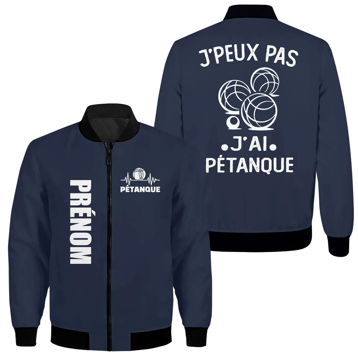 Veste bomber pétanque variante avec inscription PRÉNOM et boules, prénom personnalisé