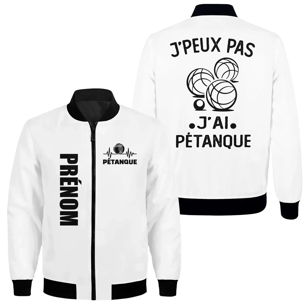 Veste bomber pétanque variante avec slogan J'peux pas pétanque humour, prénom personnalisé