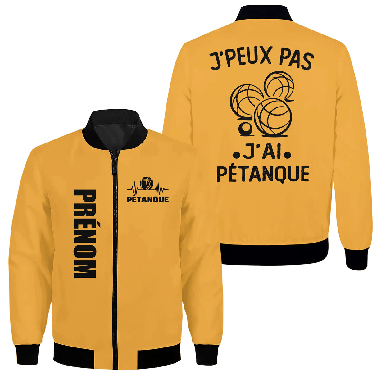 Veste bomber pétanque variante avec quatre boules et inscription humour, prénom personnalisé