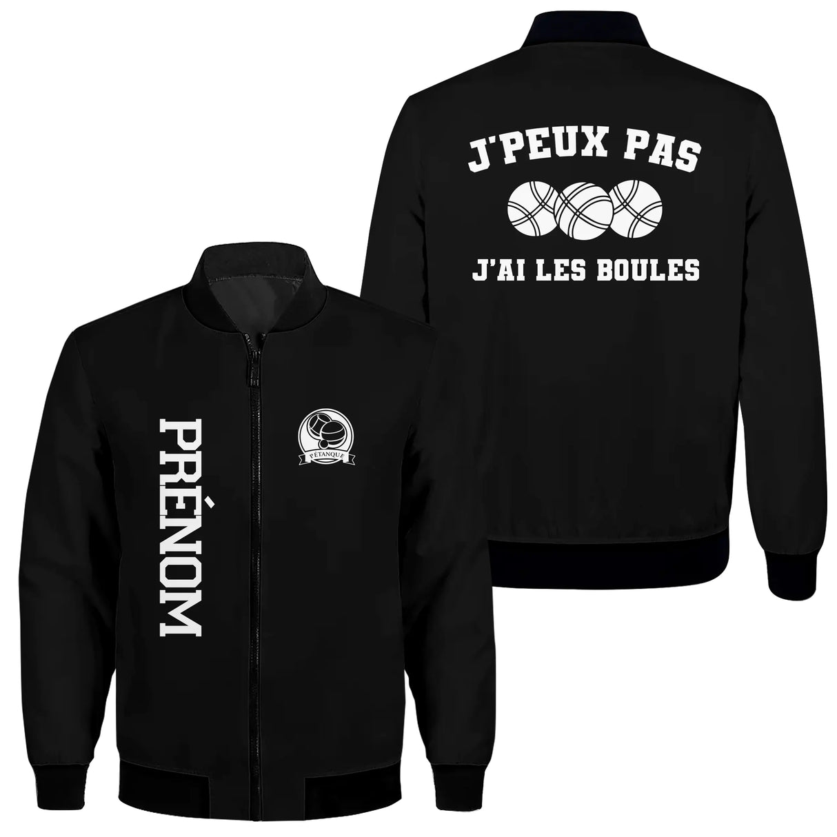 Veste bomber pétanque noire homme avec slogan J'peux pas j'ai les boules et trois boules, prénom et logo torse personnalisés