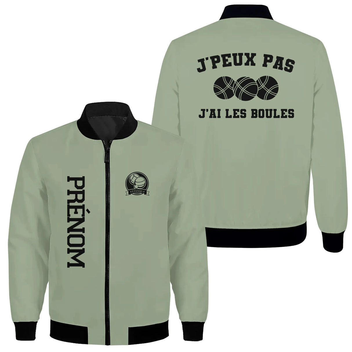 Veste bomber pétanque noire variante avec inscription humour boules, prénom personnalisé