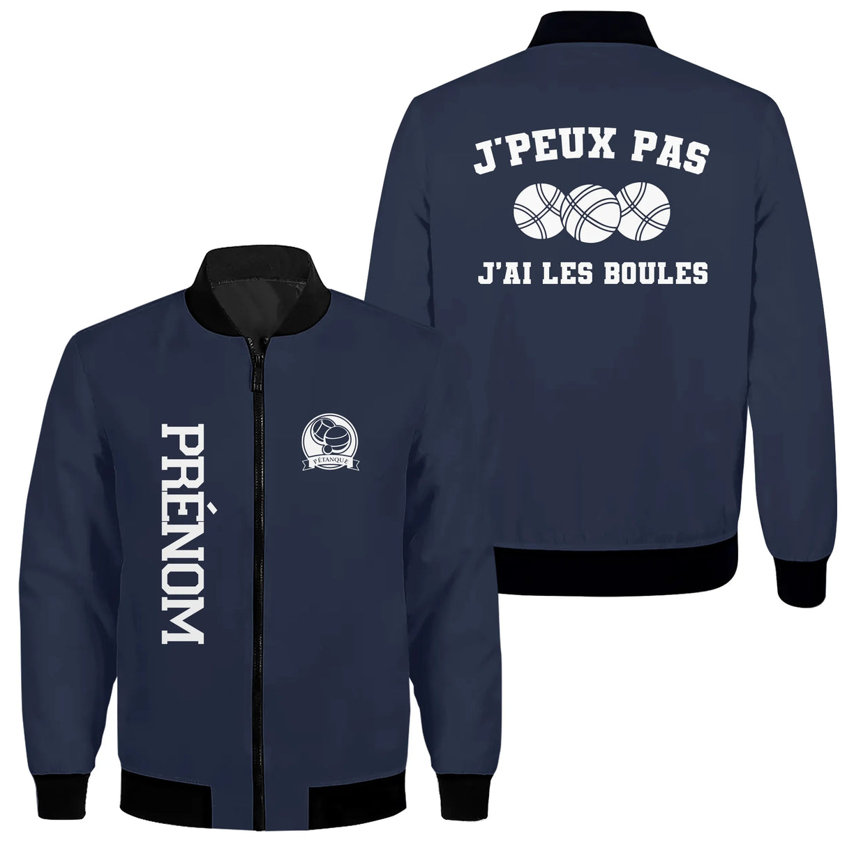 Veste bomber pétanque variante avec écusson PRÉNOM vertical et boules, prénom personnalisé