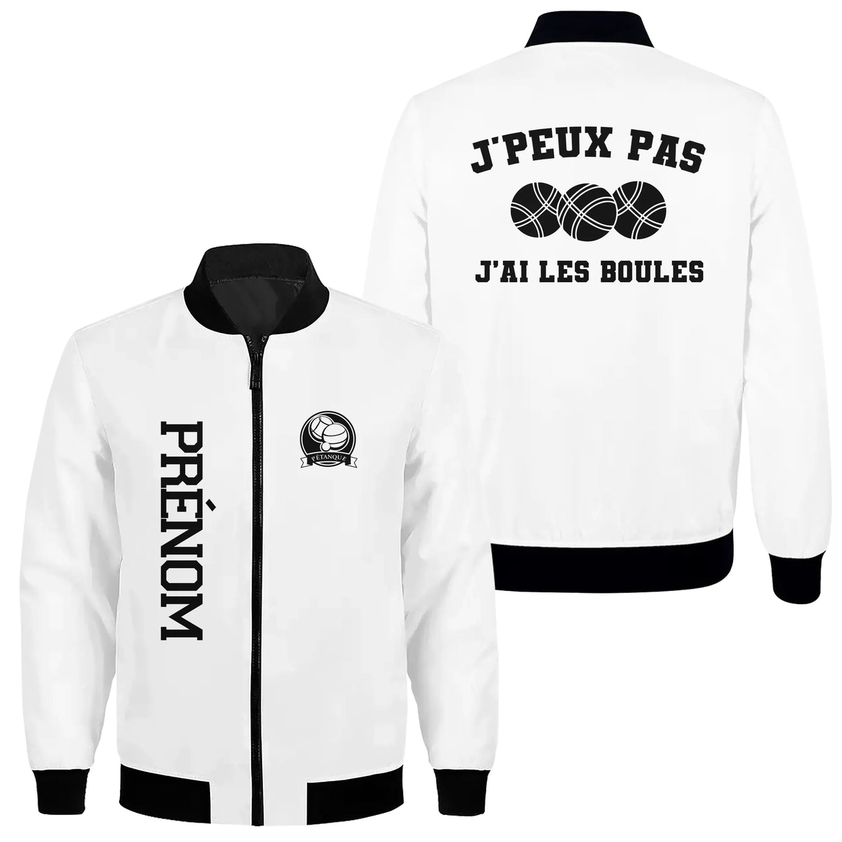 Veste bomber pétanque variante avec slogan J'ai les boules, prénom personnalisé