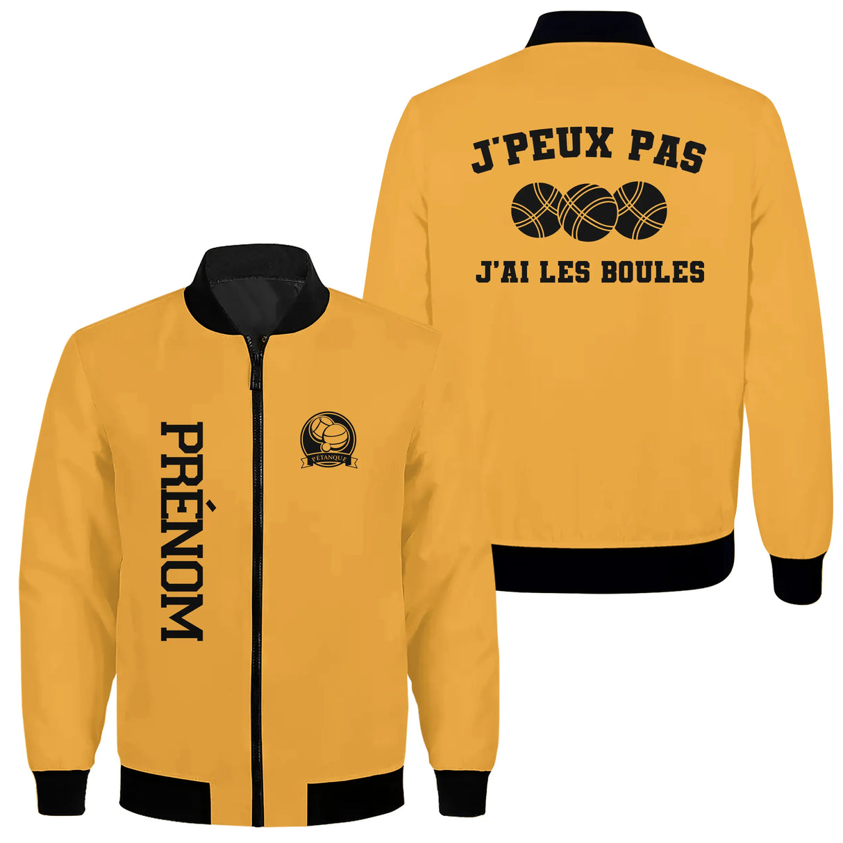 Veste bomber pétanque variante avec inscription humour bouliste, prénom personnalisé