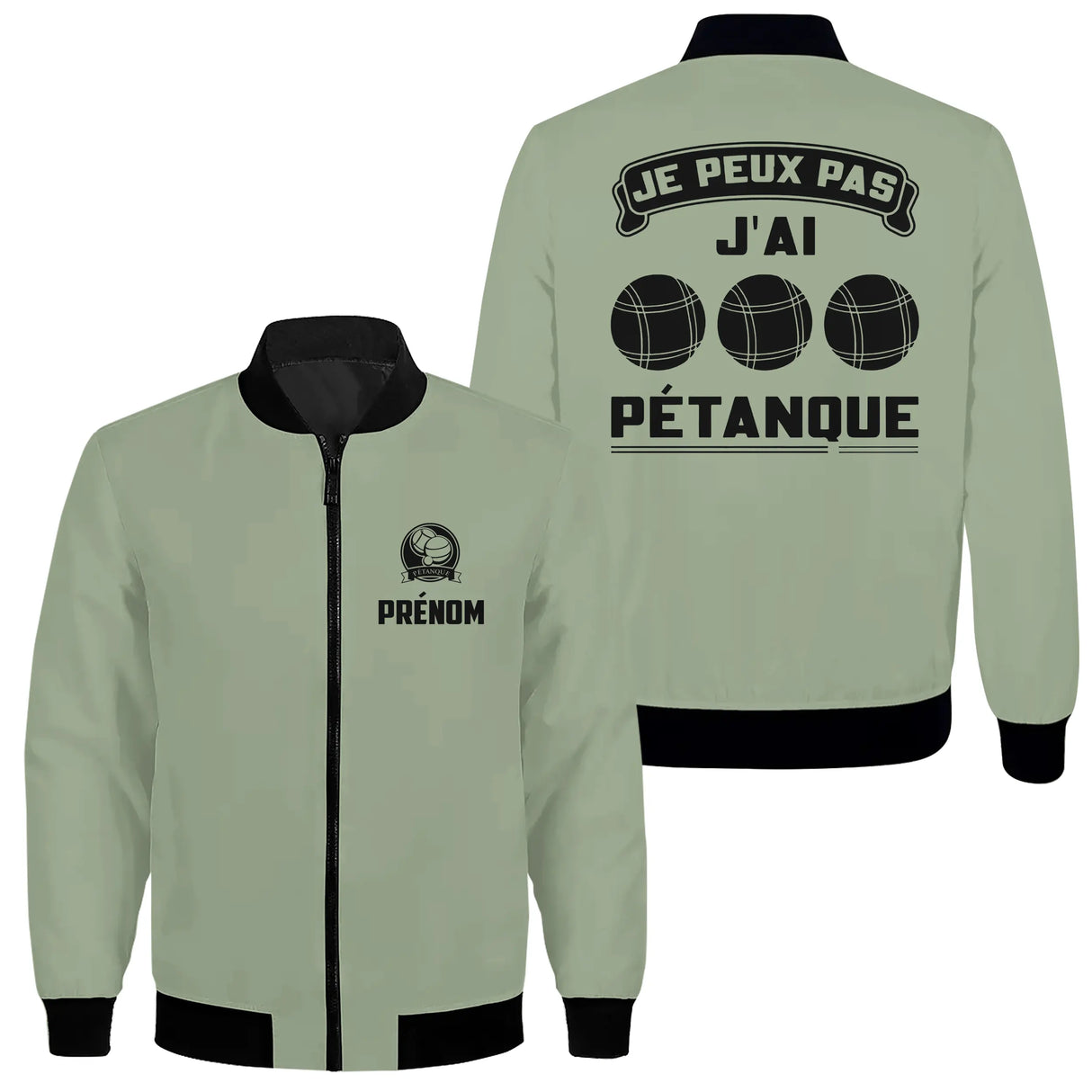 Veste bomber pétanque variante avec slogan J'peux pas pétanque, prénom personnalisé