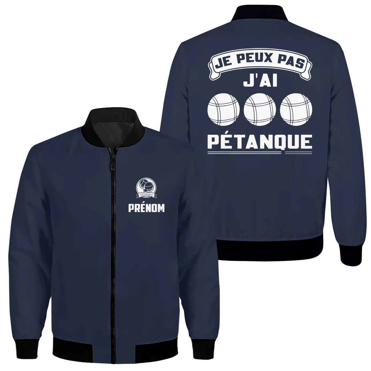 Veste bomber pétanque bleu marine homme avec slogan J'peux pas j'ai pétanque et trois boules, prénom personnalisé