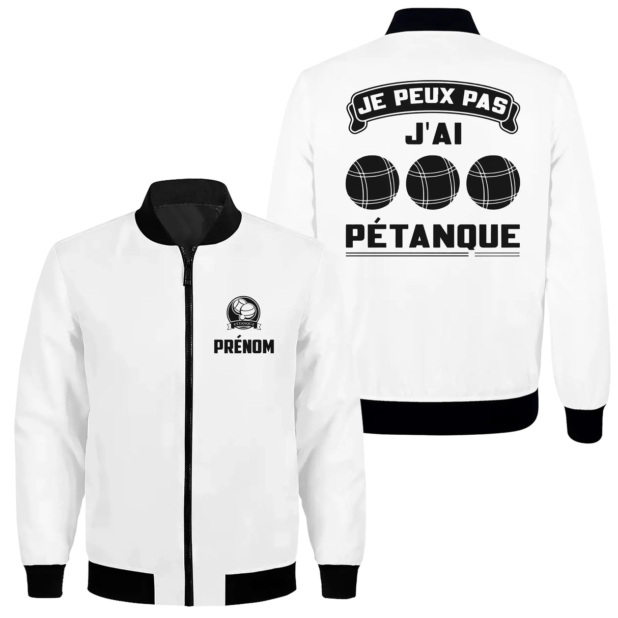 Veste bomber pétanque variante avec écusson PRÉNOM et trois boules, prénom personnalisé