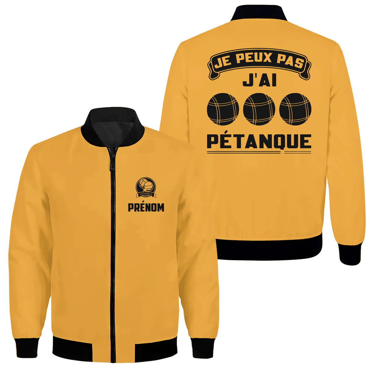 Veste bomber pétanque marine variante avec inscription humour pétanque, prénom personnalisé