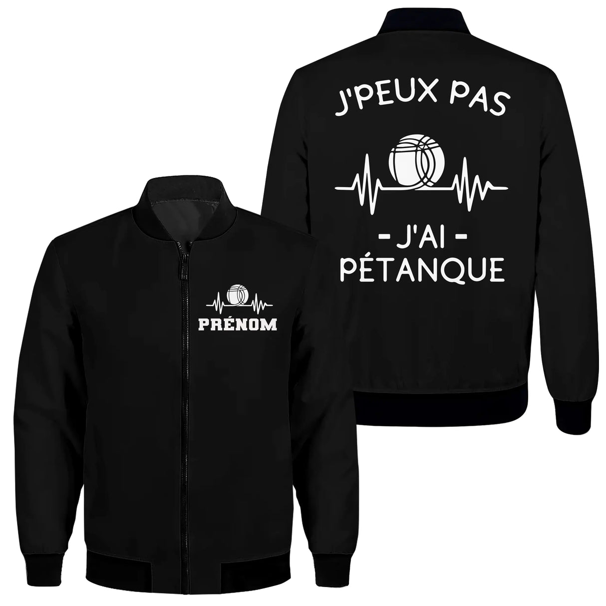Veste bomber pétanque noire homme avec slogan J'peux pas j'ai pétanque et boule, prénom et logo torse personnalisés