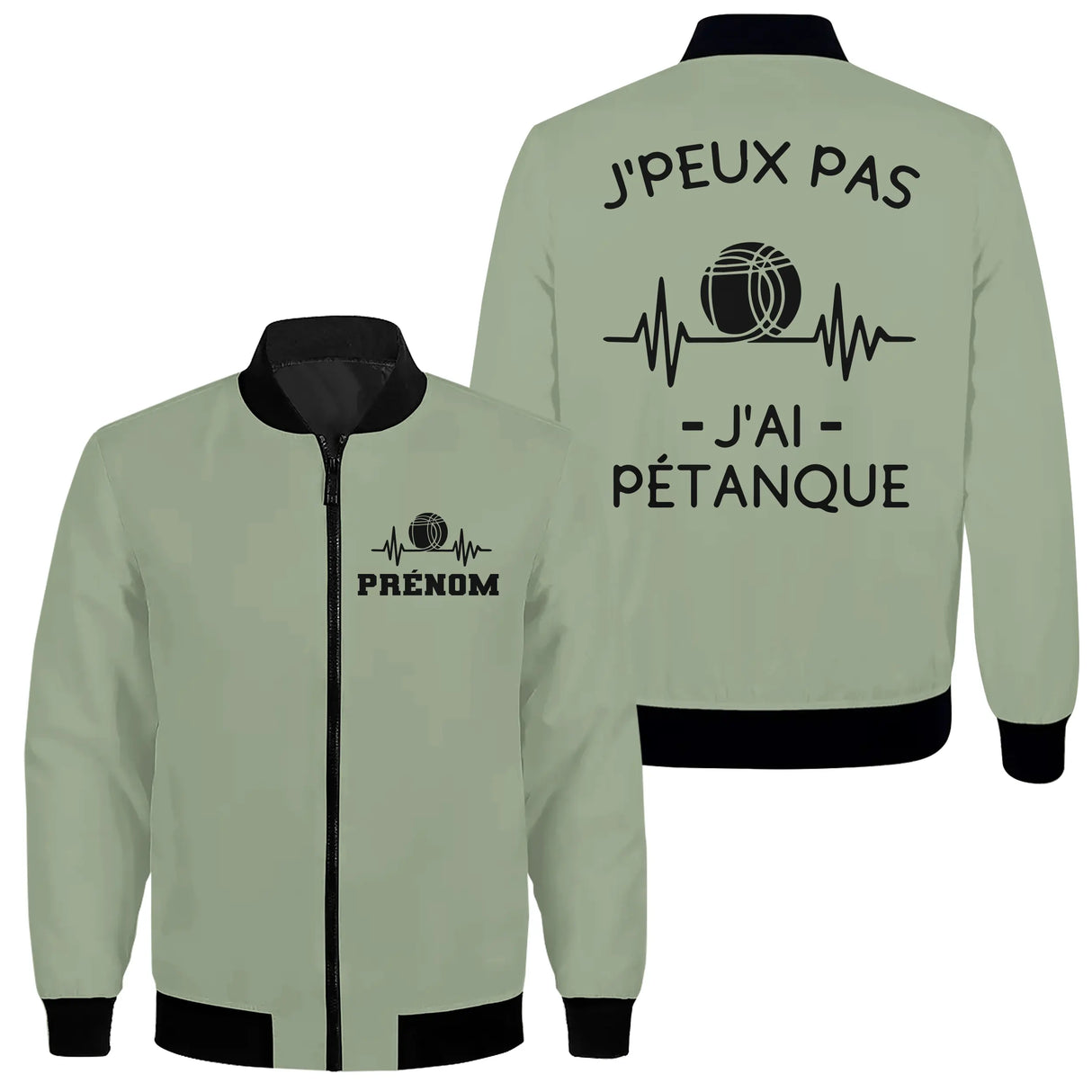 Veste bomber pétanque noire variante avec inscription humour J'ai pétanque, prénom personnalisé