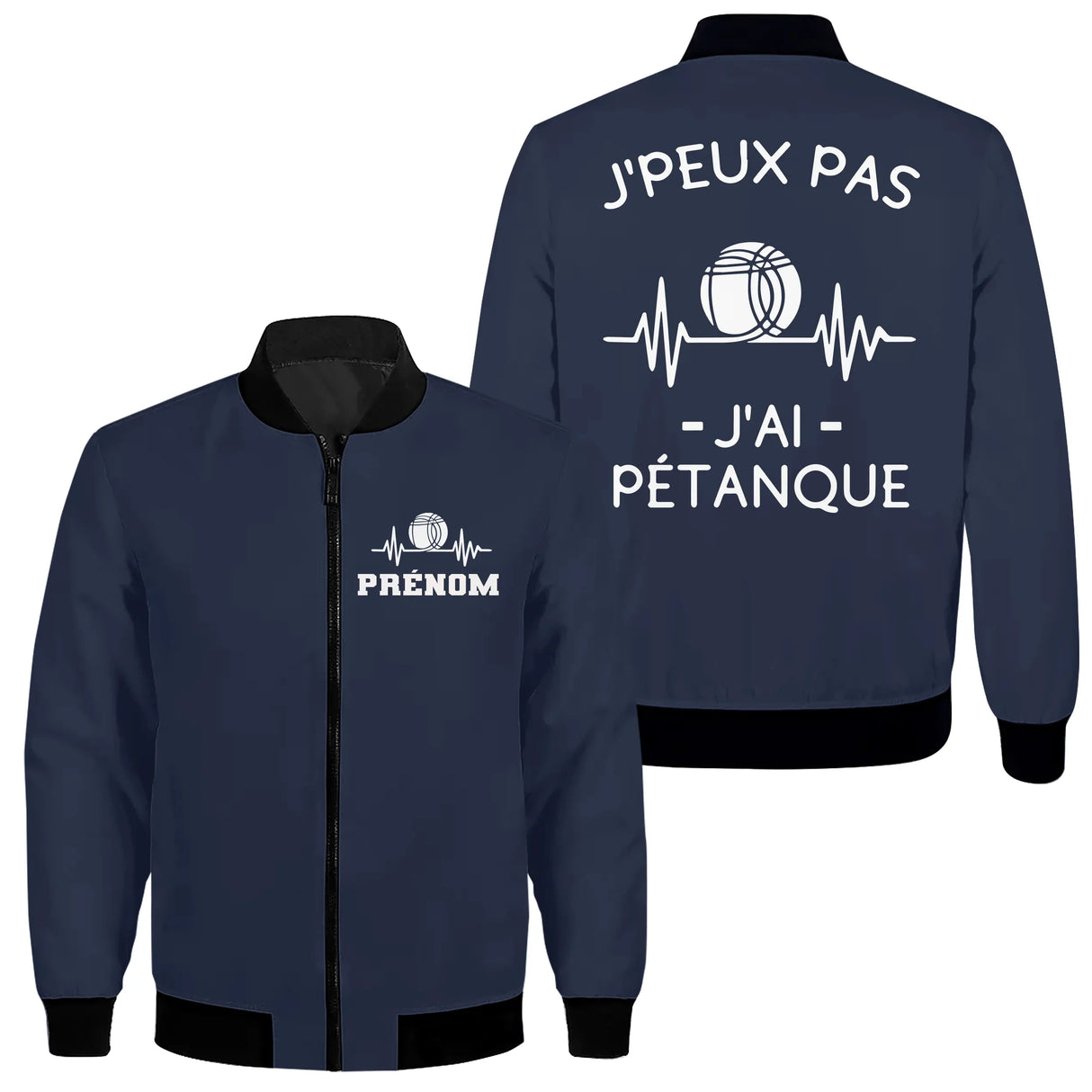 Veste bomber pétanque variante avec slogan J'peux pas et battement coeur, prénom personnalisé