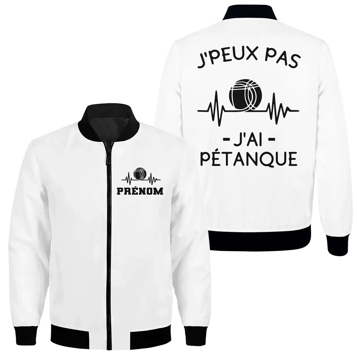 Veste bomber pétanque variante avec inscription J'peux pas pétanque, prénom personnalisé