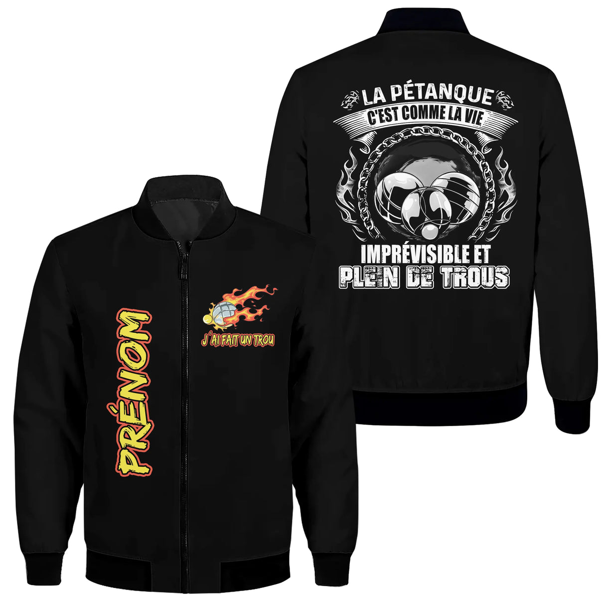 Veste bomber pétanque marine variante avec inscription pétanque imprévisible, prénom personnalisé