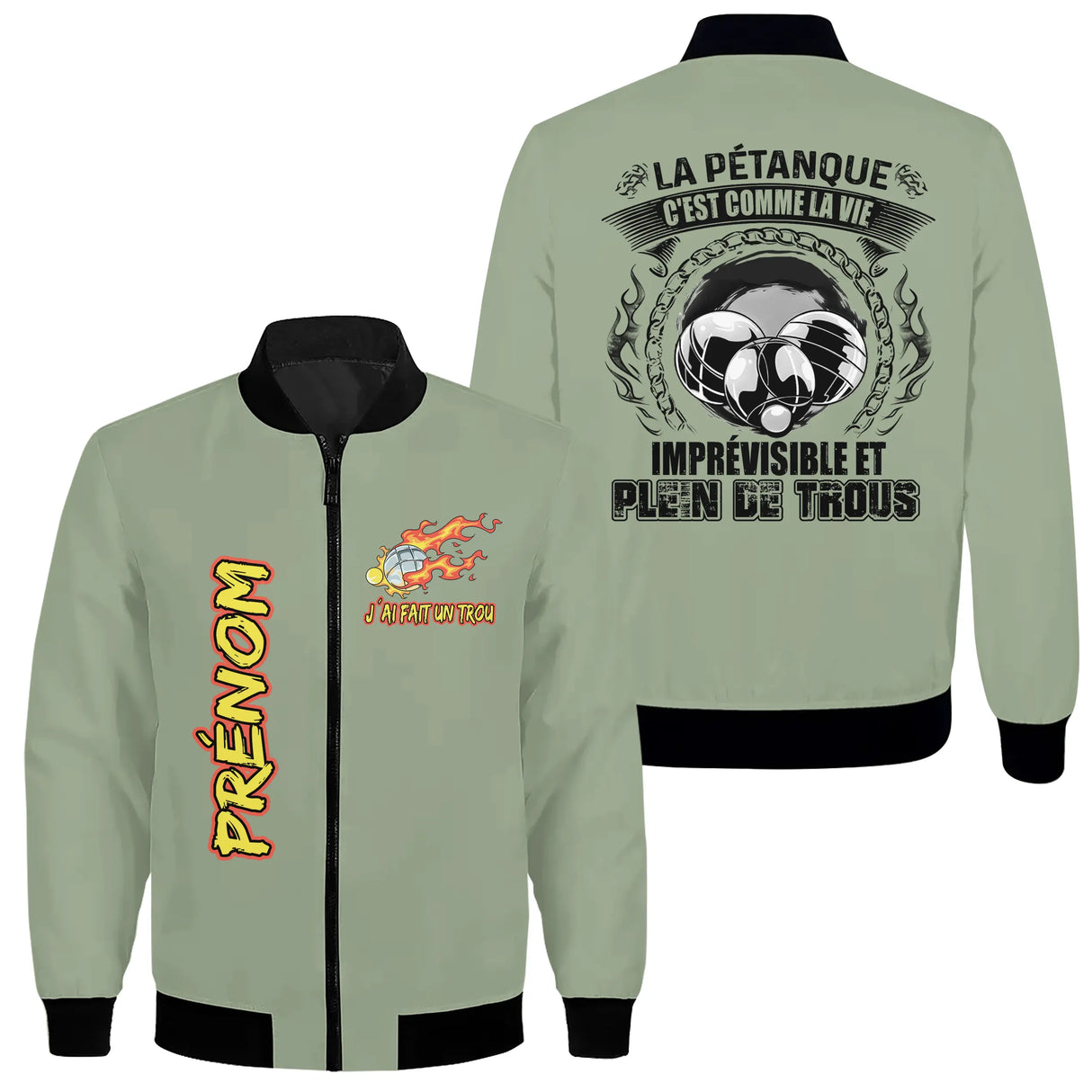 Veste bomber pétanque variante avec écusson PRÉNOM doré, prénom personnalisé