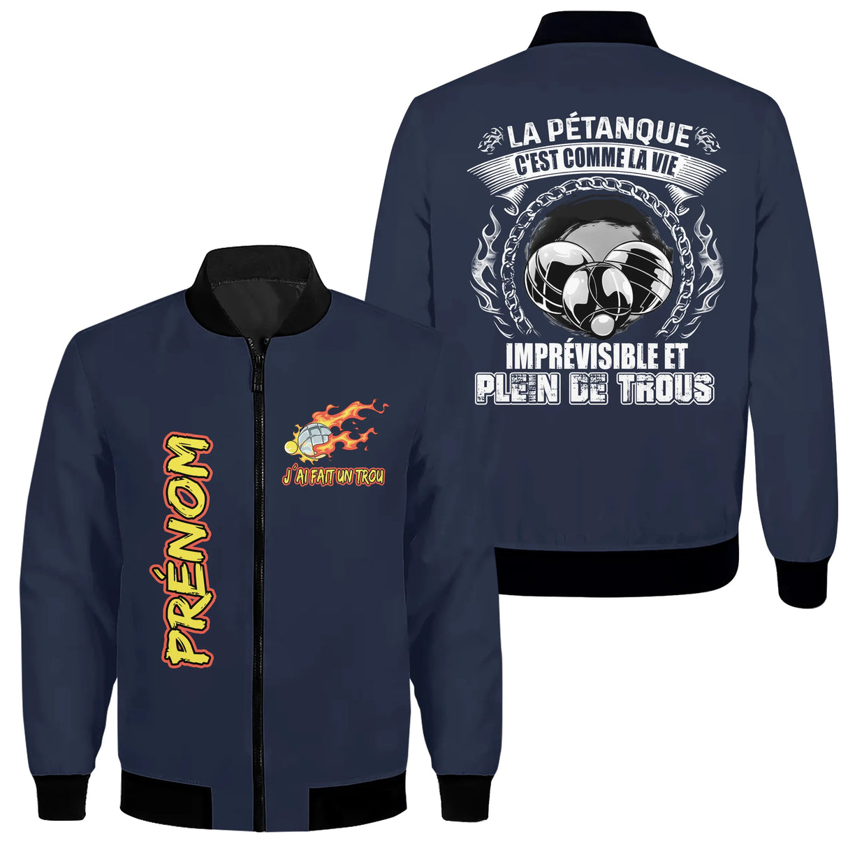 Veste bomber pétanque bleu marine homme avec slogan Pétanque c'est comme la vie plein de trous, crâne, prénom personnalisé