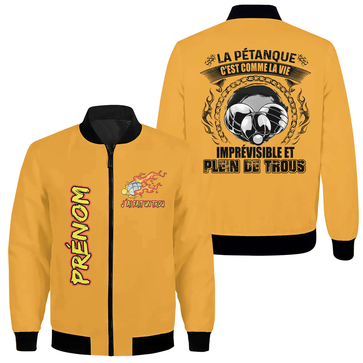 Veste bomber pétanque variante avec inscription humour bouliste, prénom personnalisé