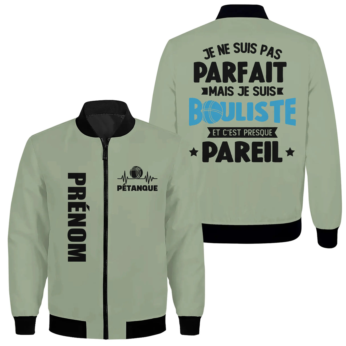 Veste bomber pétanque variante avec écusson PÉTANQUE et battement coeur, prénom personnalisé