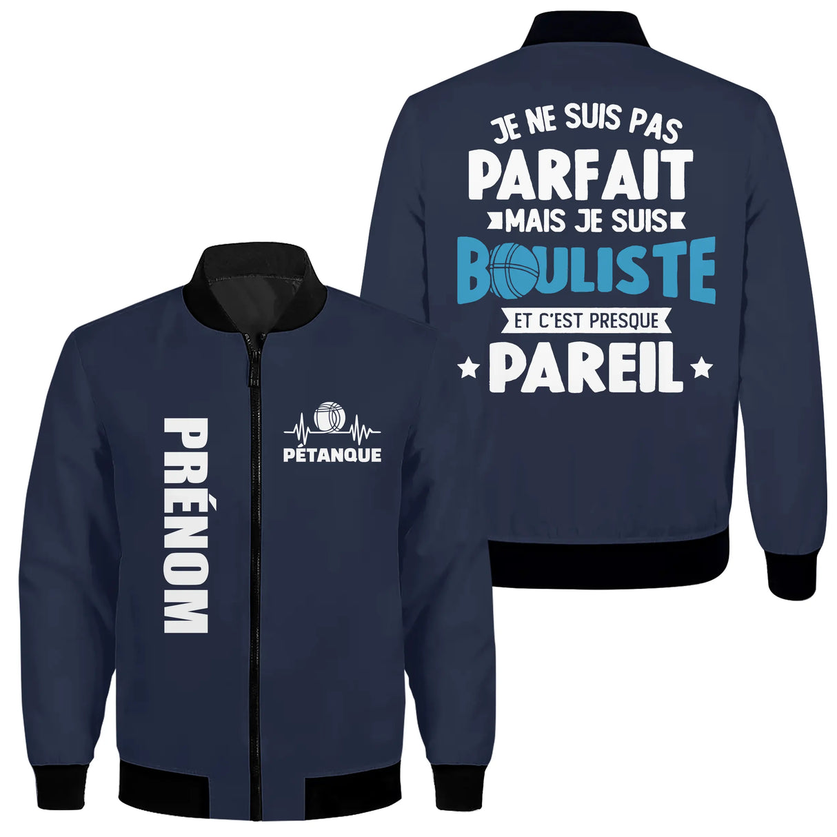 Veste bomber pétanque marine homme avec slogan Pas parfait mais bouliste, battement coeur, prénom personnalisé