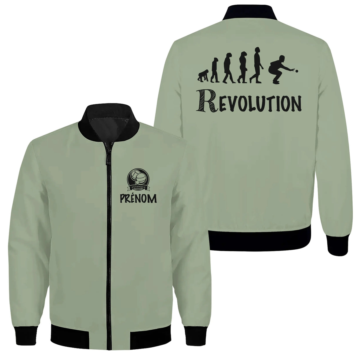 Veste bomber pétanque noire variante avec inscription Révolution et silhouettes, prénom personnalisé