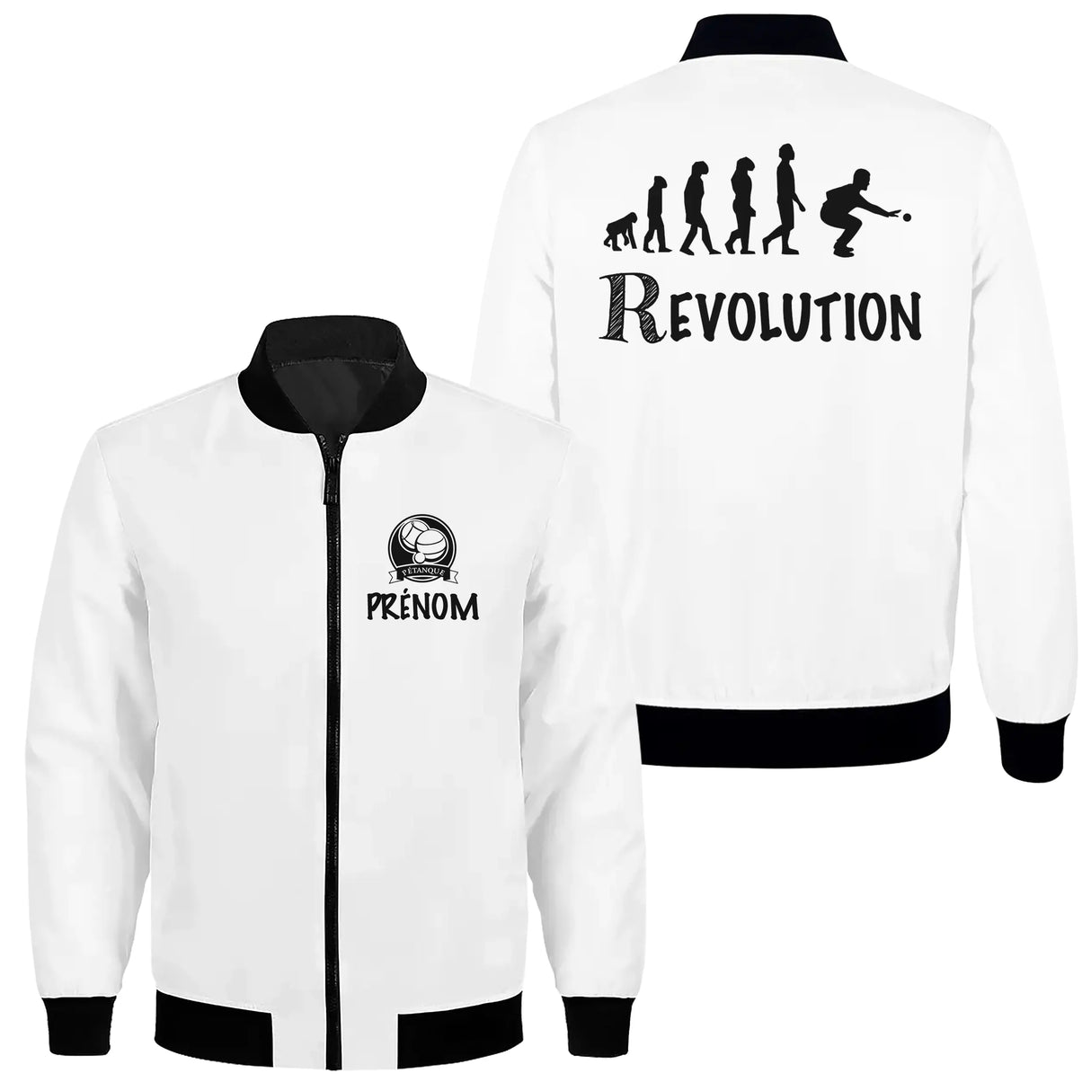 Veste bomber pétanque variante avec slogan Boulistes Révolution, prénom personnalisé