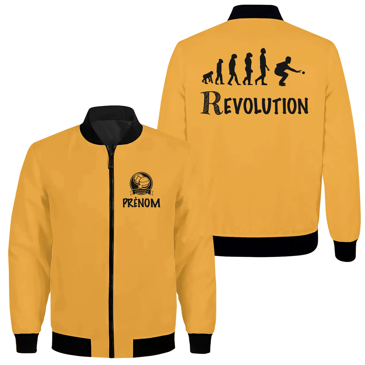 Veste bomber pétanque variante avec illustration évolution bouliste, prénom personnalisé