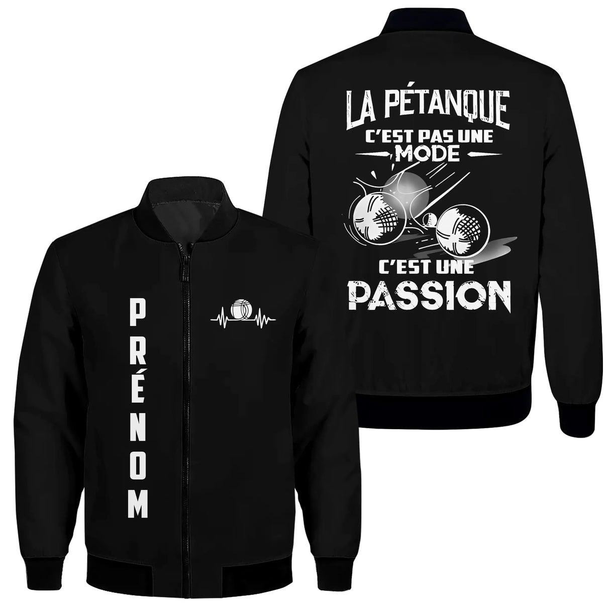 Veste bomber pétanque noire homme avec slogan Pétanque c'est une passion et battement coeur, prénom personnalisé