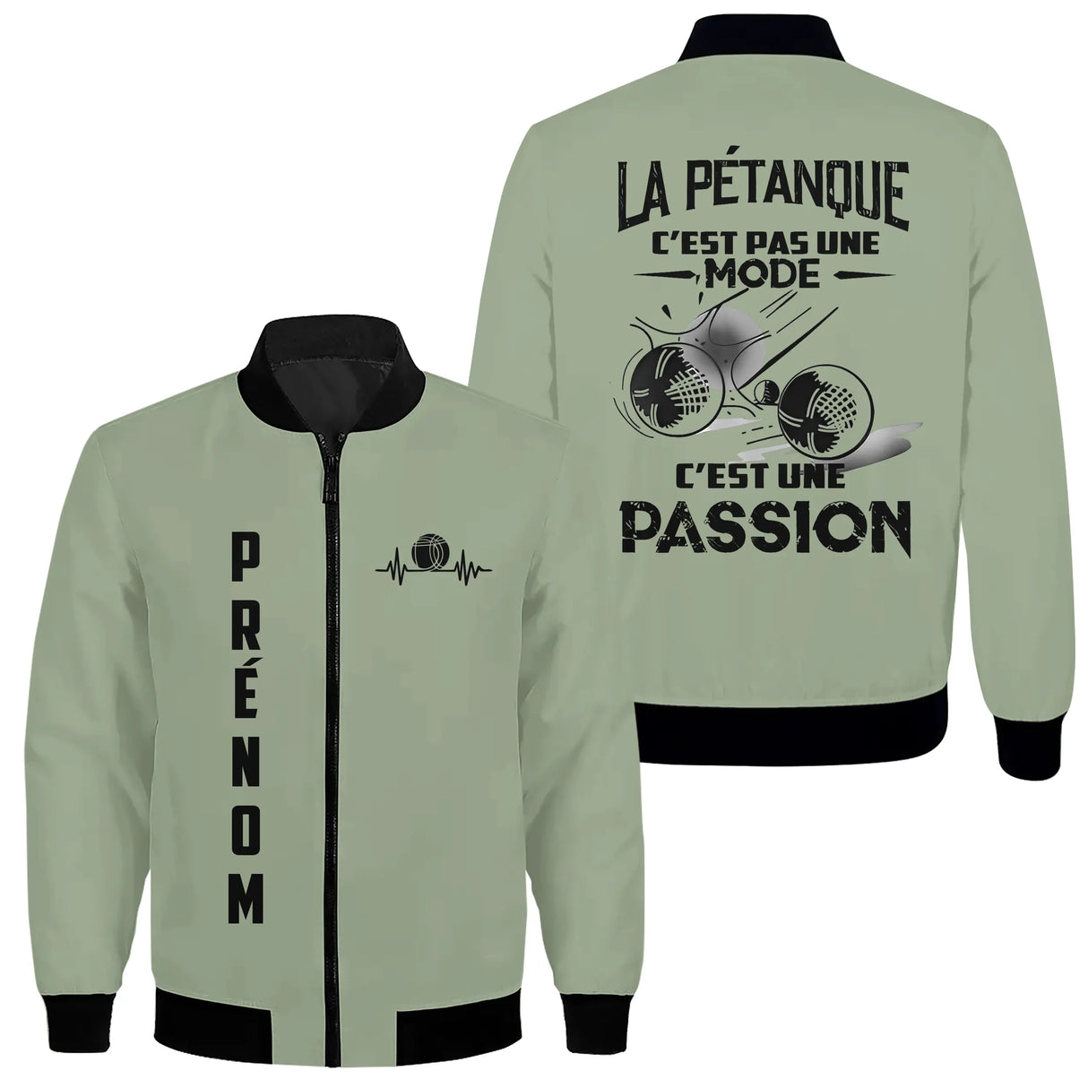 Veste bomber pétanque variante avec inscription passion noir blanc, prénom personnalisé