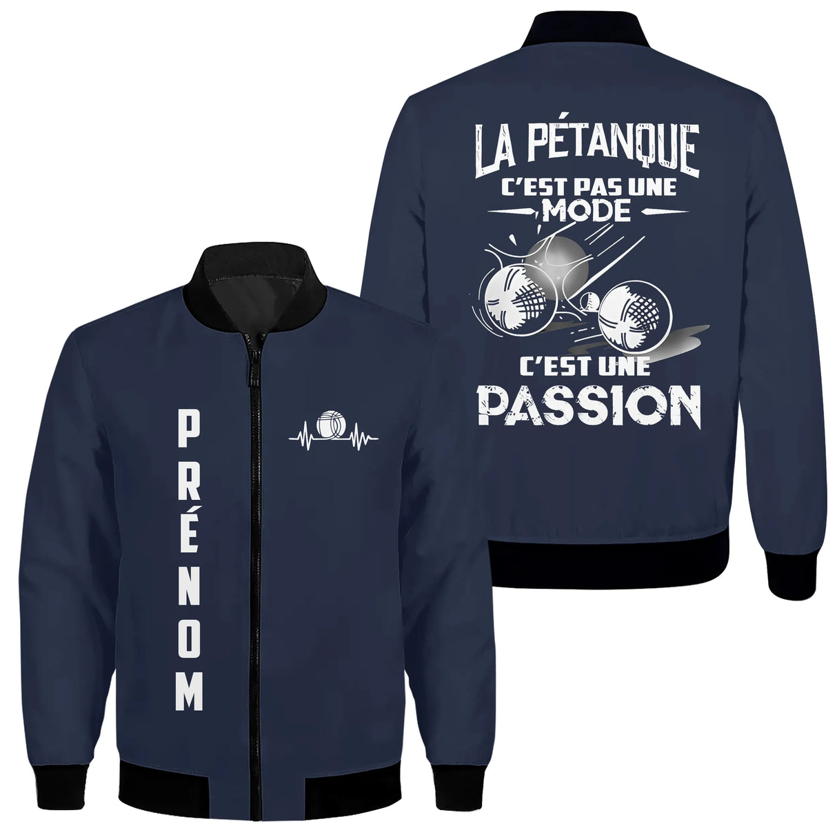 Veste bomber pétanque variante avec slogan Pétanque passion, prénom personnalisé