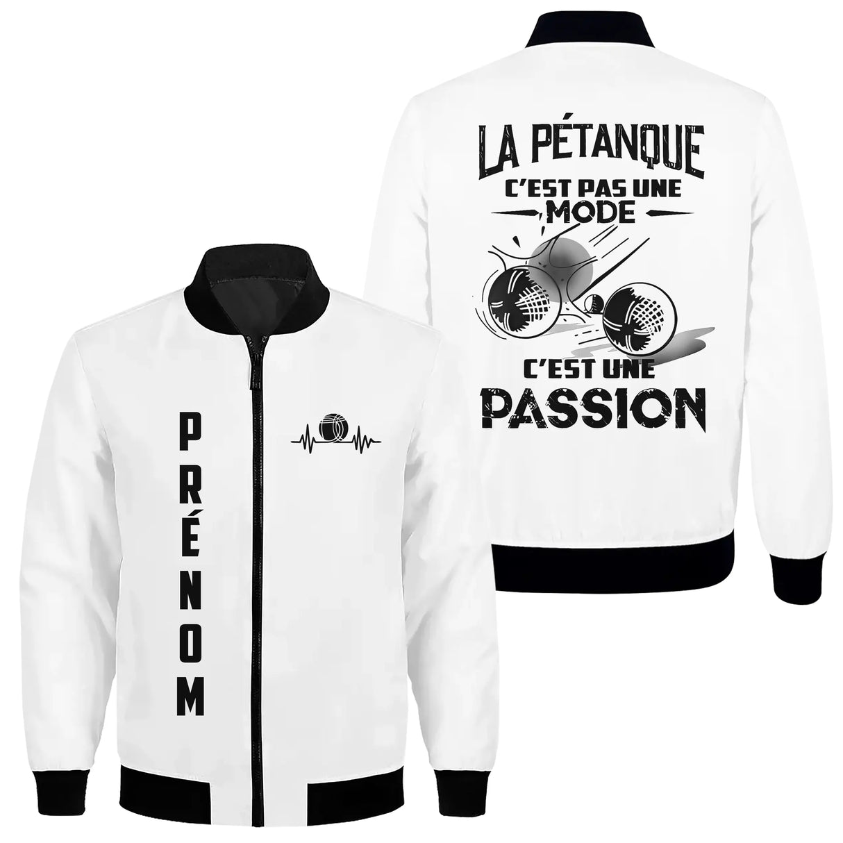 Veste bomber pétanque variante avec écusson PRÉNOM et boules, prénom personnalisé