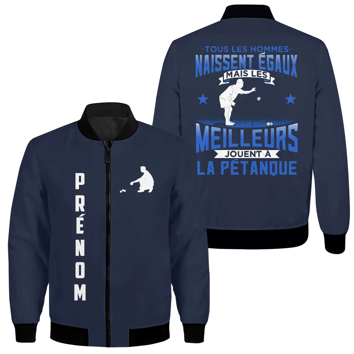 Veste bomber pétanque variante avec écusson PRÉNOM et silhouette, prénom personnalisé