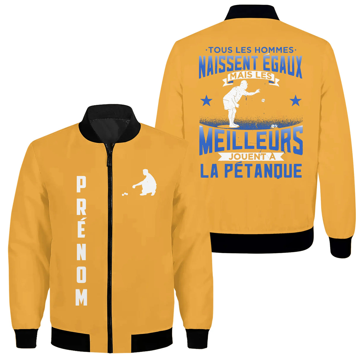 Veste bomber pétanque variante avec slogan hommes égaux pétanque, prénom personnalisé