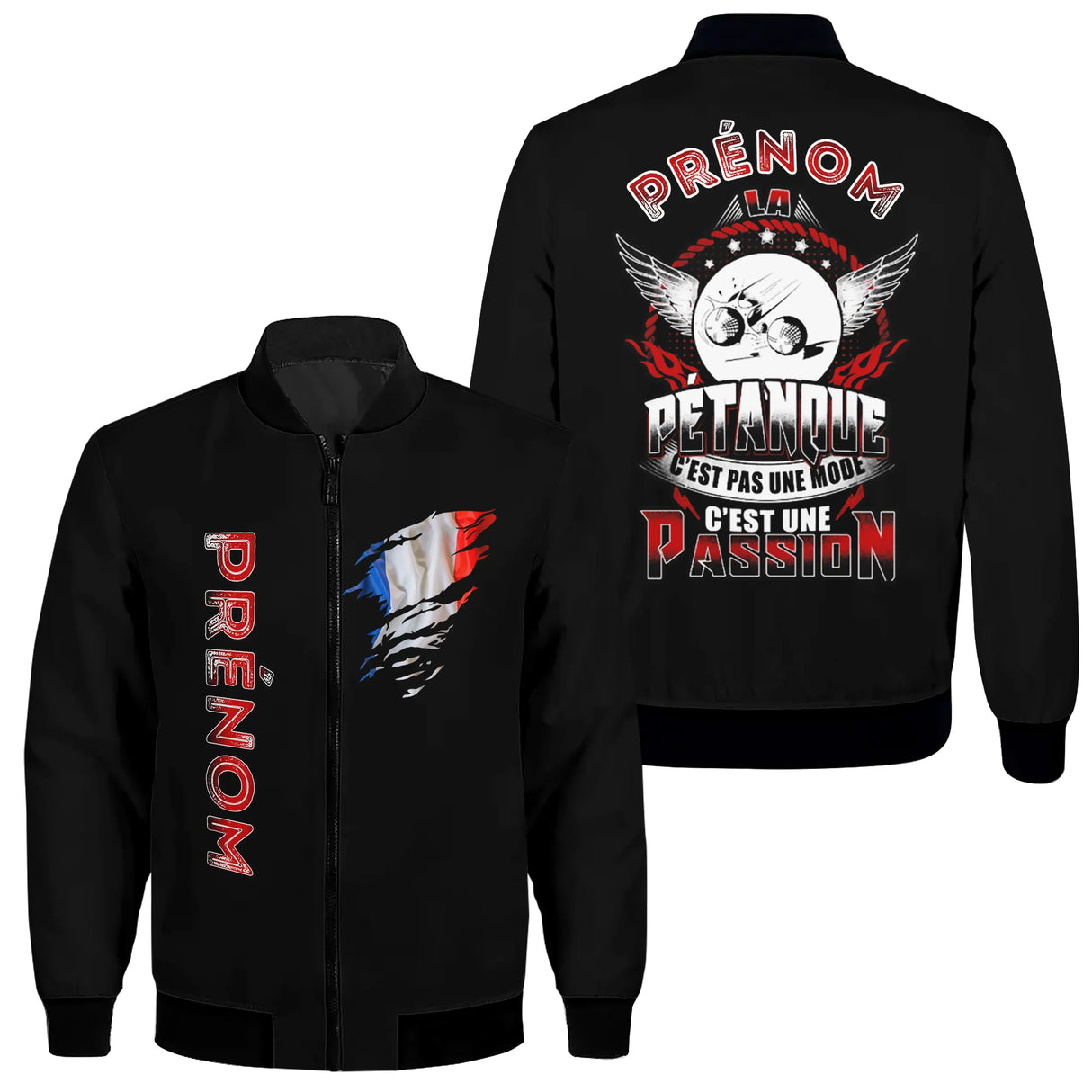 Veste bomber pétanque marine variante avec inscription passion tricolore, prénom personnalisé